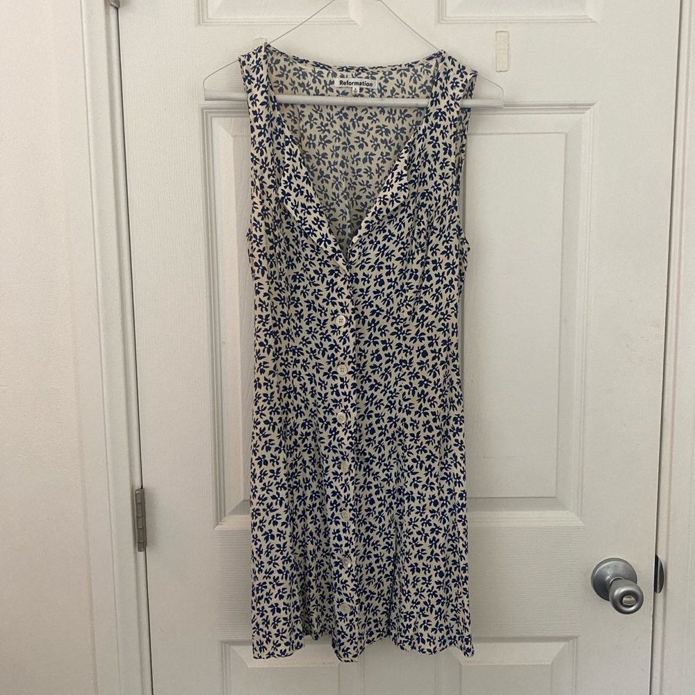 Reformation Cream Dress with Blue Floral Print